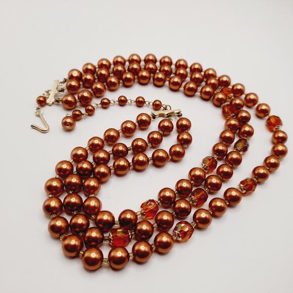 Vintage Japan 1950s Copper Pearl Necklace 3-Strand w/ Topaz Crystals, 18" - Picture 11 of 11